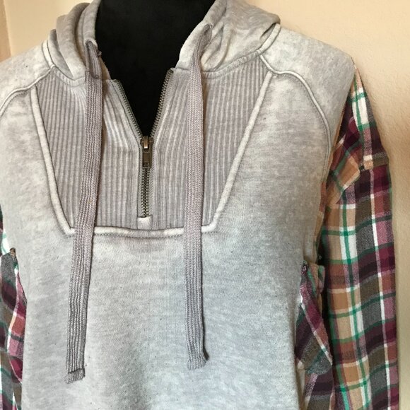 Patchwork Hoodie, Plus Size XL-2X: Upcycled Gray Magenta Plaid Boho Jacket - Picture 14 of 15